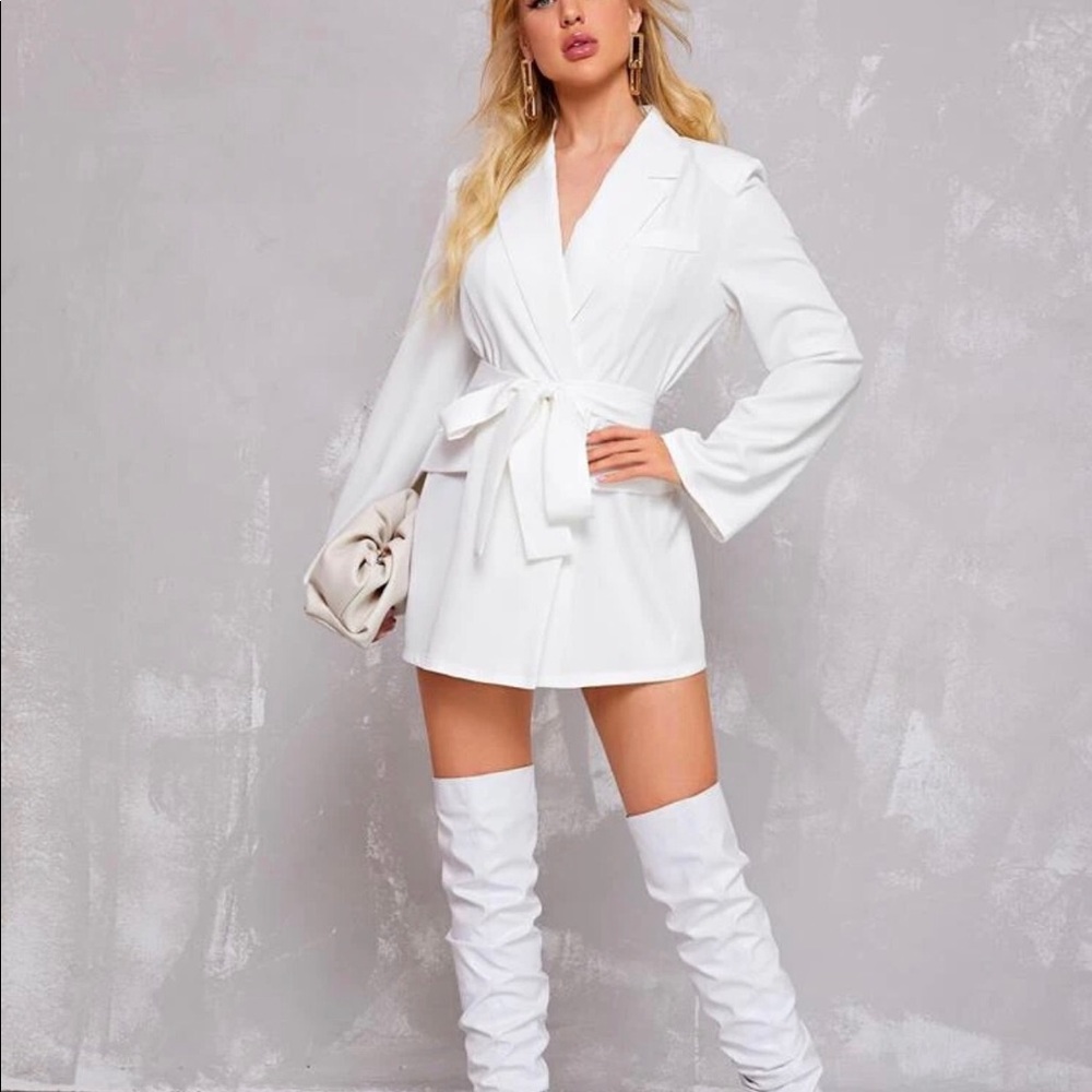 White Blazer Dress ~ Self-Belted